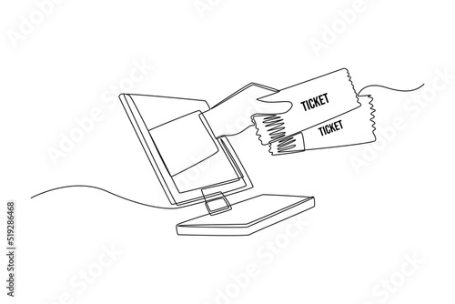 Single one line drawing businessman with two tickets appeared from desktop. Online ticket concept.  Continuous line draw design graphic vector illustration.