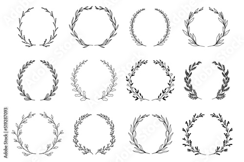 Ornamental branch wreathes set in hand drawn design. Laurel leaves wreath and decorative branch bundle. Collection of differen herbs, twigs, flowers and plants curl elements. Vector floral decoration