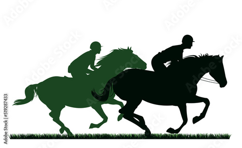 Jockey competition. Horses ride fast. Image silhouette. Sports and sporting pet animals. Isolated on white background. Vector