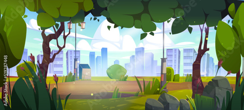Old city park with green trees, grass, lanterns, trash bin and town buildings on skyline. Vector cartoon illustration of summer landscape of empty public garden with flowers and street lights