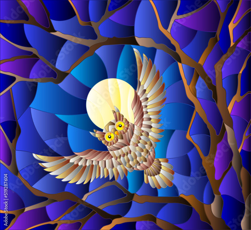 The illustration in stained glass style painting with the owl in the night sky and moon in between the branches of the tree