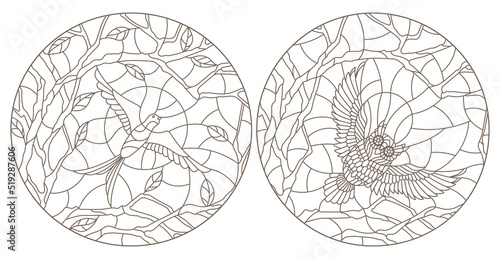 Set contour illustrations of stained glass with birds, dark outlines on a white background