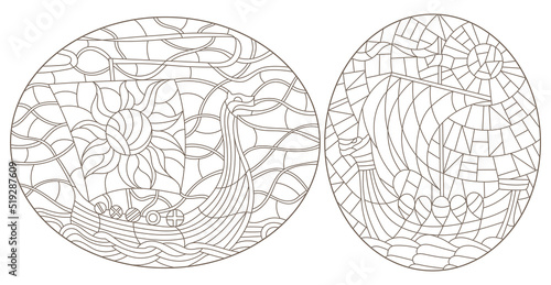 A set of contour illustrations in the style of stained glass with ancient Viking ships, dark contours on a white background