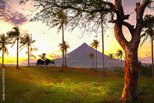 Sunset Sunrise Mayon Volcano in Legazpi City Philippines with a farmer riding on carabao. photo
