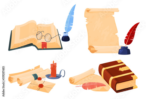Ancient books and papyri with quills. Writing in ancient times. Vector illustration