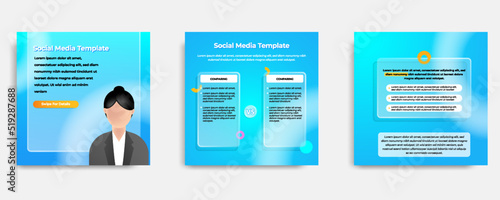 Social media informative post banner template layout design in blue background, glassmorphism style with transparent glass frame bubble message speech chat dialog