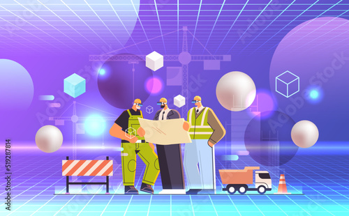 construction workers in virtual reality glasses holding blueprint vr vision headset innovation metaverse concept