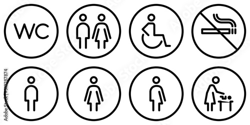 Toilet outline icon set. WC sign. Man,woman,mother with baby and handicap symbol. Restroom for male, female, transgender, disabled. Editable stroke. Vector graphics