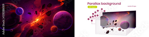 Parallax background planets in outer space with satellites, exploding star and glowing nebula in dark sky. Galaxy, cosmos, universe futuristic fantasy for 2d game animation Cartoon vector illustration