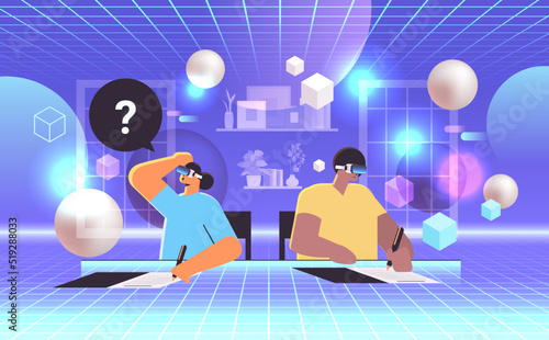 mix race students in virtual reality glasses having exam writing test education learning process