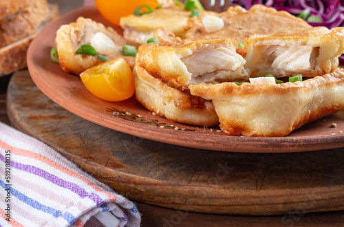 close-up pieces of tilapia fish in cheese batter lightly fried in olive oil. Front, close view