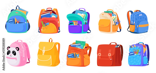 Set of school backpacks. Children briefcases for carrying school supplies. Vector illustration photo
