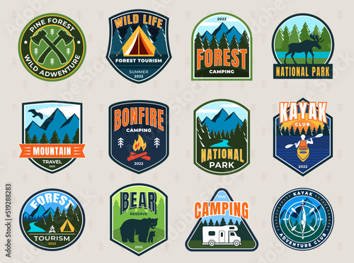 Patches for summer camp. Design for tourist traveling stickers banners. Vector illustration