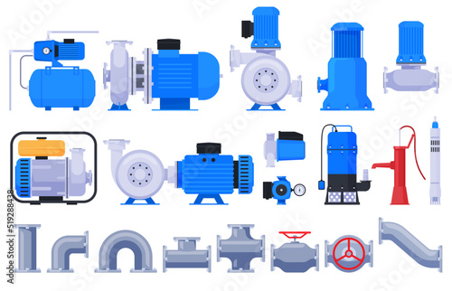 Water pumps. Water and liquid pumping. Technical equipment for water stations. Vector illustration