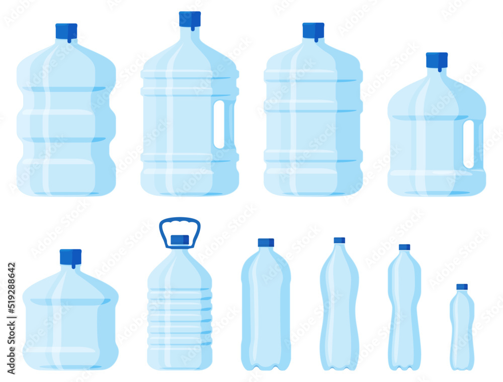 Bottles for storing water and liquids. Water delivery. Vector illustration Bottles for storing water and liquids. Water delivery. Vector illustration