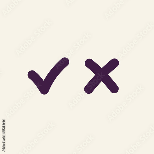 Right and wrong check mark vector icons black color isolated on background. Checkmark OK and X vector icons. Symbols YES and NO for decision making, vote, mobile app, web site. 10 eps