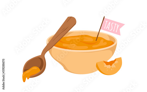 Apricot jam vector illustration. Cartoon isolated glass bowl with sweet golden marmalade from summer fruit and wooden spoon, delicious breakfast jelly food, peach vitamin dessert with tasty flag