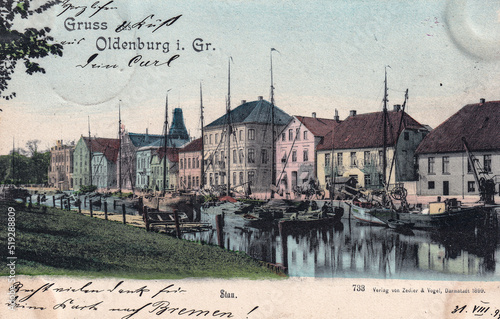 Gruß aus Oldenburg von 1898; Blick auf den Stadthafen am Stau (original gelaufene Postkarte)