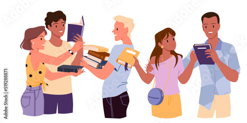 People exchange books for reading vector illustration. Cartoon isolated young students of readers club bookcrossing, sharing paper books and learning, friends borrow, give and take literature gifts