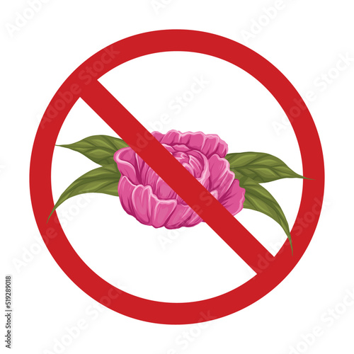 Vector prohibition sign with pink lush flowers. Peonies with leaves in the prohibition sign. Allergy danger. Dont pick flowers. Forbidden sign