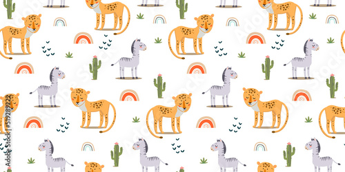 Fototapeta Naklejka Na Ścianę i Meble -  Seamless patterns with cute leopards and zebras.Pattern with animals of Africa. Children's jewelry and textiles.
