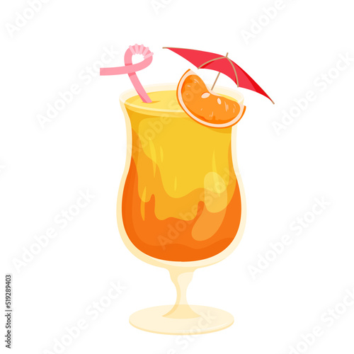 Tequila sunrise cocktail vector illustration. Cartoon isolated tropical alcohol drink in glass with straw, umbrella and orange citrus fruit slice, cool summer fruity cocktail, beverage for beach party