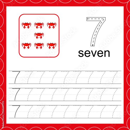 Cards with numbers for children. Trace the line. For kids learning to count and to write. Number seven. Count crabs game. Educational maths worksheets
