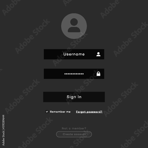 Login form page template dark theme flat style for app development, smartphone mockups, website ui elements, online login form, registration, user profile, access to account concept. Vector 10 eps