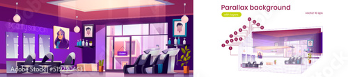 Modern hair salon with hairdresser chairs, sinks, mirrors and cosmetics on shelves. Vector parallax background ready for 2d animation with cartoon illustration of empty beauty salon interior