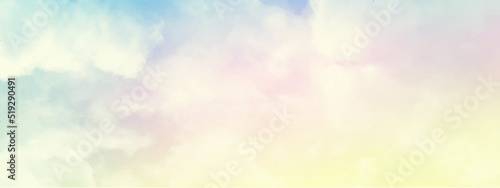 The sky background and soft natural clouds have pastel gradients in a variety of abstract colors.