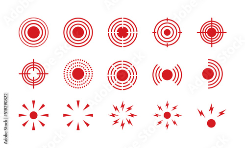 Pain point icons set. Pain red circles mark. Target spot symbols for medical design. Concept killer for headaches, abdominal aches. Editable stroke. Vector illustration isolated on white background.