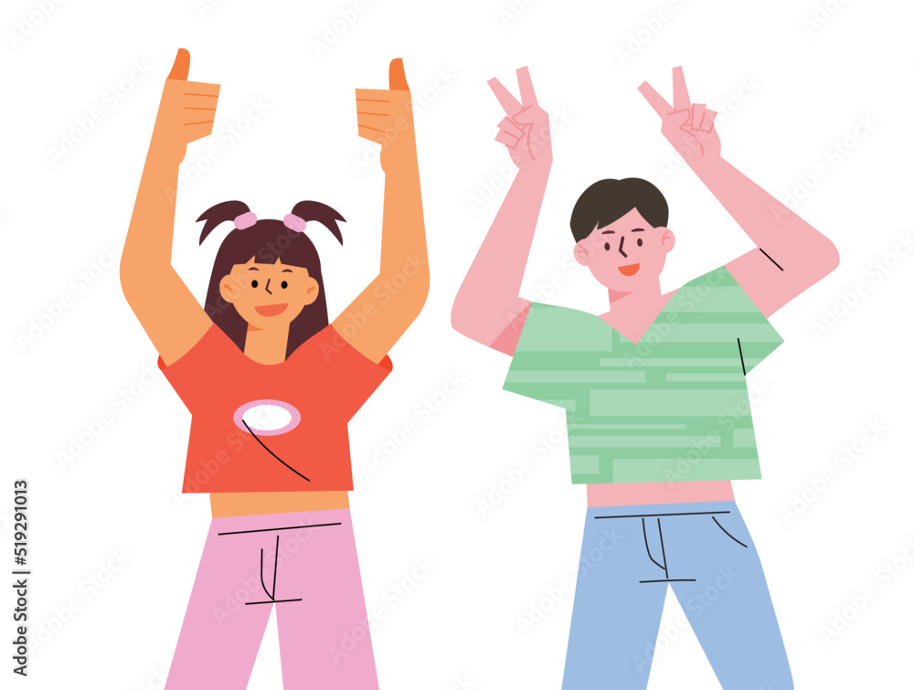 Two cute friends are smiling while doing thumb up and V poses. flat design style vector illustration. Two cute friends are smiling while doing thumb up and V poses. flat design style vector illustration.
