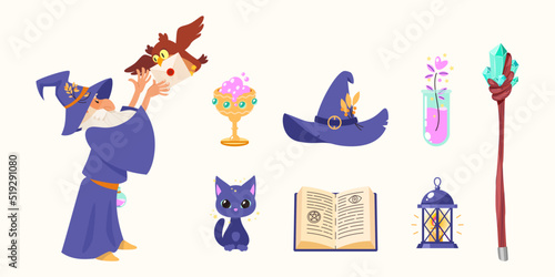 Cartoon magic set. Illustrations of an elderly wizard casting and a magic owl holding a letter in its beak, a magic staff and six magic icons isolated on a white background. Vector 10 EPS.