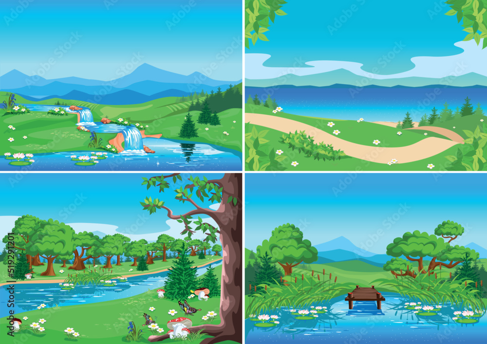 Set of vector horizontal illustrations of beautiful nature. Summer landscapes with mountains, river, lake, flowering meadows and trees.