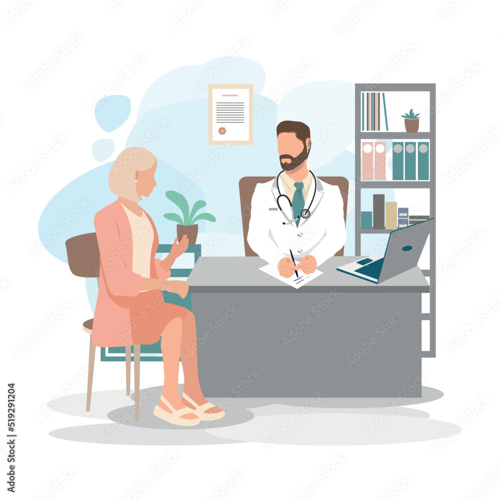 Patient at the reception in the doctor's office. Medical assistance and care. To keep healthy. Vector illustration in a flat style. Patient at the reception in the doctor's office. Medical assistance and care. To keep healthy. Vector illustration in a flat style.