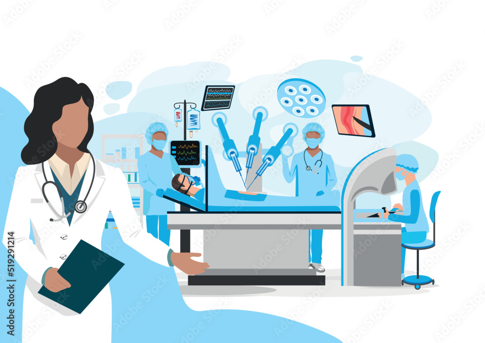 The doctor shows a modern operating room. Medical equipment for surgical operations. Thank you doctors and nurses. Vector illustration isolated on white background. The doctor shows a modern operating room. Medical equipment for surgical operations. Thank you doctors and nurses. Vector illustration isolated on white background.