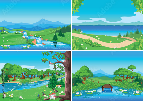 Set of vector horizontal illustrations of beautiful nature. Summer landscapes with mountains, river, lake, flowering meadows and trees.
