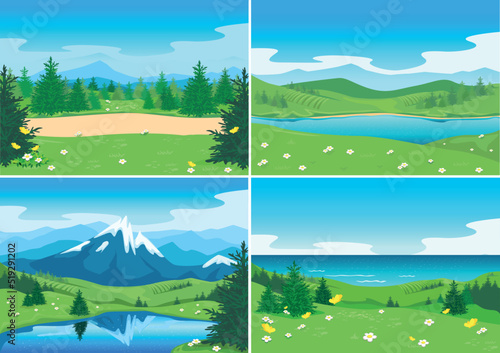 Set of vector horizontal illustrations of beautiful nature. Summer landscapes with mountains, river, lake, flowering meadows and trees.