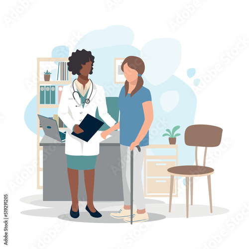 Patient at the reception in the doctor's office. Medical assistance and care. To keep healthy. Vector illustration in a flat style.