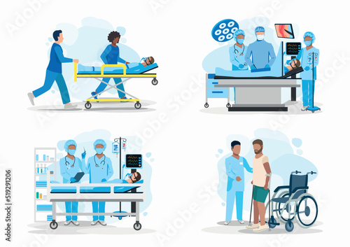 Set of vector illustrations doctor and patient. Paramedics carry a patient on a stretcher, surgery in the operating room, resuscitation, rehabilitation after right. Thank you doctors and nurses. Flat 