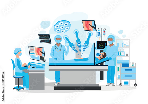 Modern operating room. Robotic Surgery. Medical equipment for surgical operations. Thank you doctors and nurses. Vector illustration in a flat style.