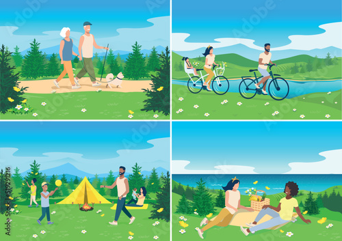 Set of vector illustrations of people resting in nature. Picnic with friends, seniors walk the dog, ride bikes, family camping.