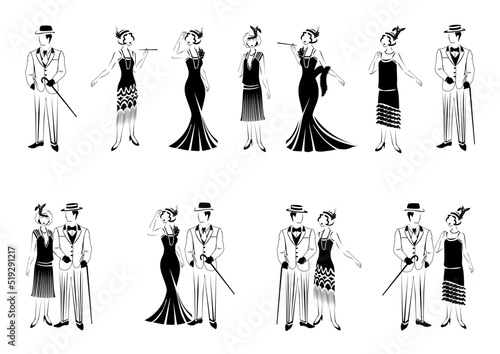 Silhouette of a beautiful and elegant girl and man in retro clothes. Fashion 1920. Big set vector illustration isolated on white background.