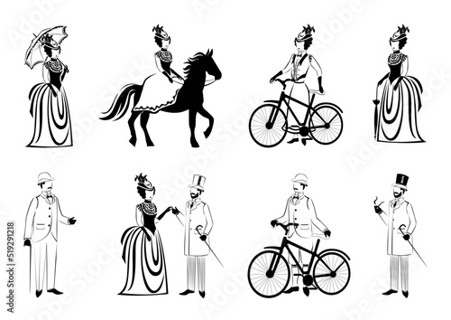 Silhouette of a beautiful and elegant girl and man in retro clothes. 19th century fashion. Big set vector illustration isolated on white background.