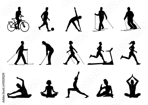 Big vector set of sport people silhouettes. Running, yoga, Nordic walking, golf, football, skiing, gymnastics, fitness. Sports and healthy lifestyle.