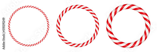 Christmas candy cane circle frame with red and white striped. Xmas border with striped candy lollipop pattern. Blank christmas and new year template. Vector illustration isolated on white background.