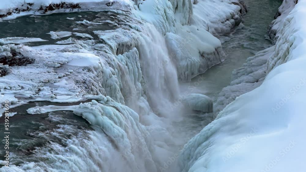Gullfoss Waterfall in Winter, Canyon of the Hvítá River Iceland, Spectacular Water Flow Cascade Descending into the Gullfossgjúfur Canyon Surrounded by Snow Ice and Frozen Lands, Glacial Landscape Gullfoss Waterfall in Winter, Canyon of the Hvítá River Iceland, Spectacular Water Flow Cascade Descending into the Gullfossgjúfur Canyon Surrounded by Snow Ice and Frozen Lands, Glacial Landscape