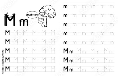ABC Alphabets Tracing Book Interior For Kids. Children Writing Worksheet With Picture. Premium Vector Elements Letter M.