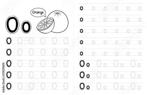 ABC Alphabets Tracing Book Interior For Kids. Children Writing Worksheet With Picture. Premium Vector Elements Letter O.