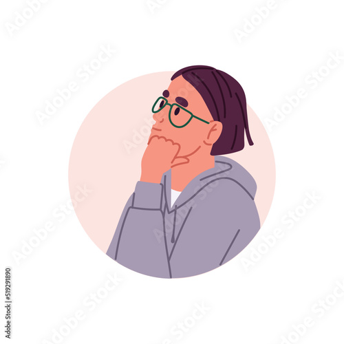 Thoughtful person in glasses, user avatar in circle. Human thinking, dreaming. Profile portrait of smart character thinker in eyeglasses. Flat graphic vector illustration isolated on white background